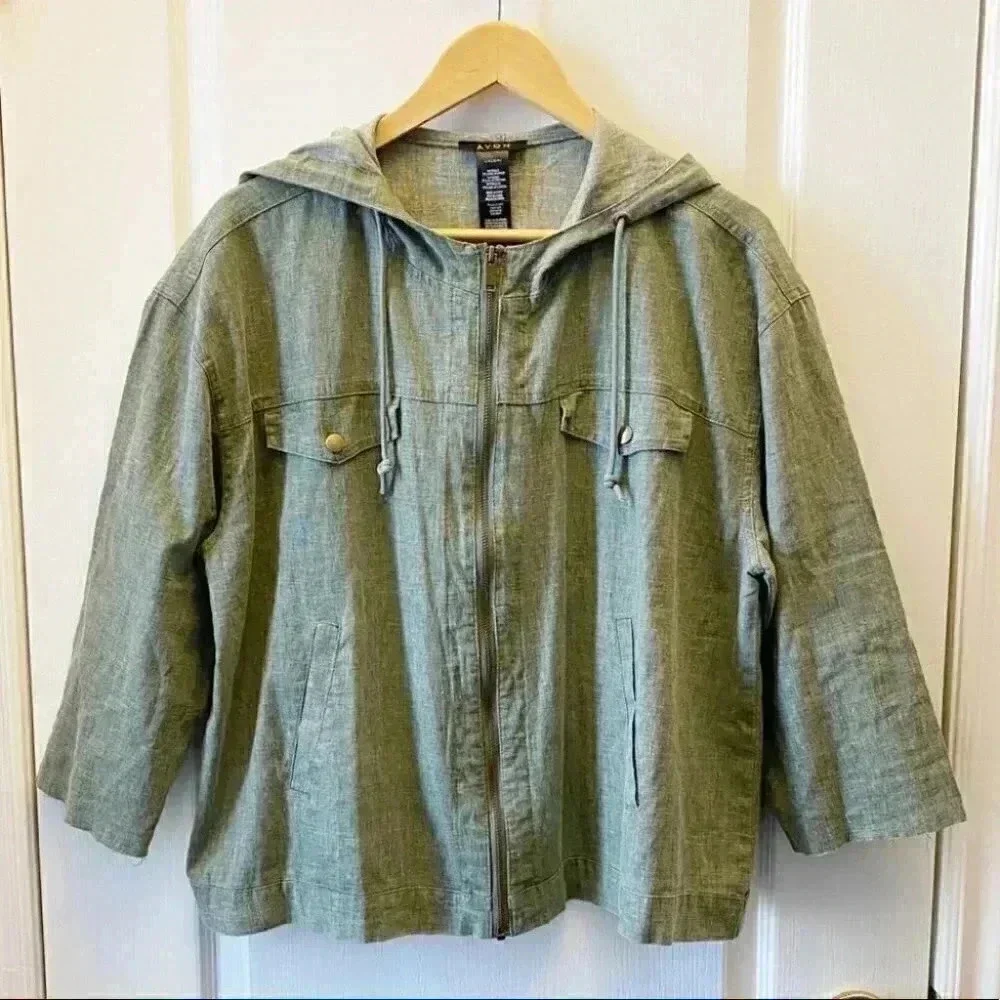 Avon Linen Jacket Cropped Lightweight Spring Fall Hood Olive Green Large - Picture 3 of 16